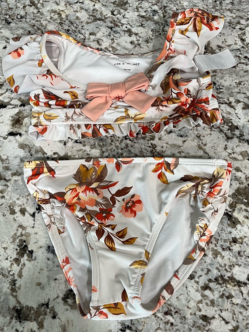 Janie and Jack Cream Floral Bikini Top with Pink Bow